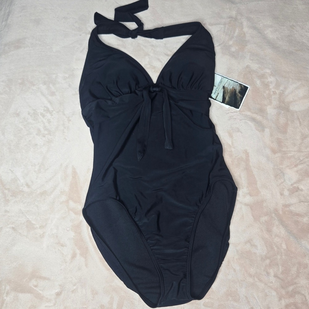Island World Apparel NEW One Piece Swimsuit Women M Black Halter V-Neck